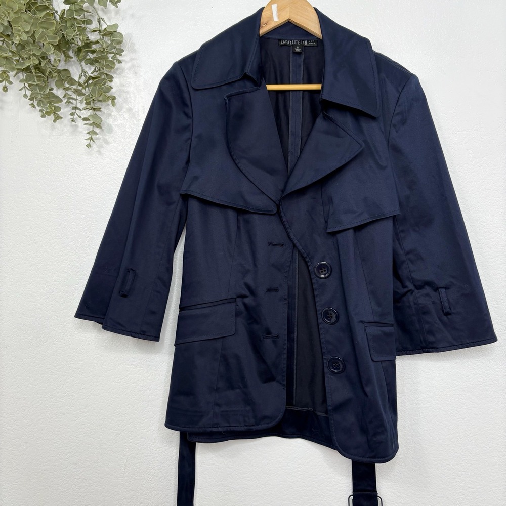 Lafayette 148 New York Blue Trench Coat Women's Size 8 Belted 3/4 Sleeve